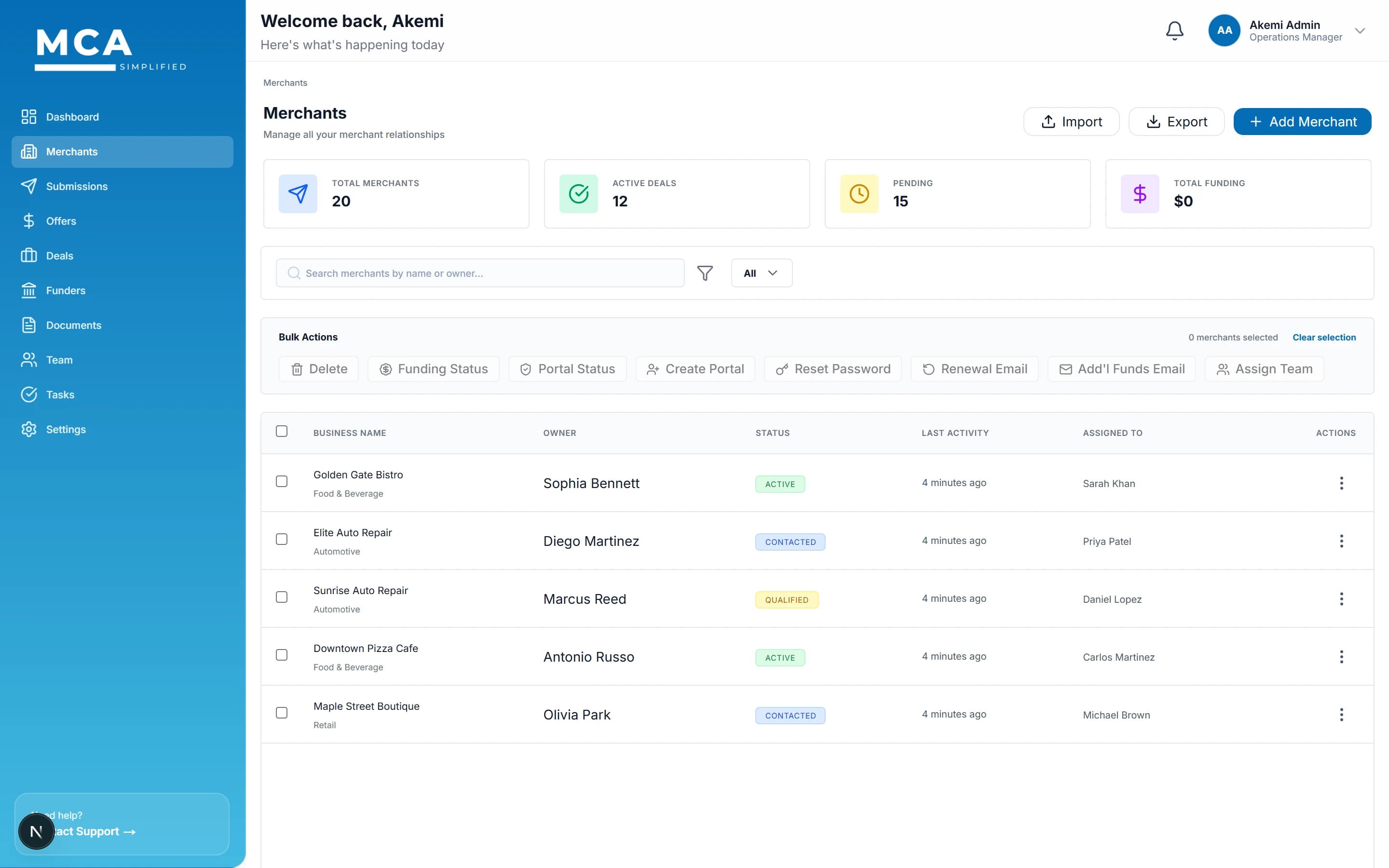 Merchant CRM screen inside MCA Simplified